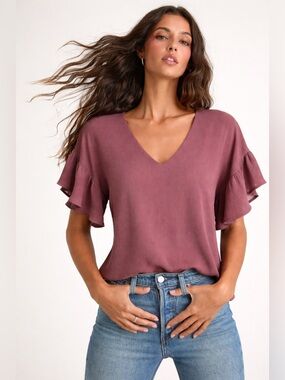 KLD Anthropologie ShortSleeve V-Neck Pullover Peasant Blouse Mauve Pink